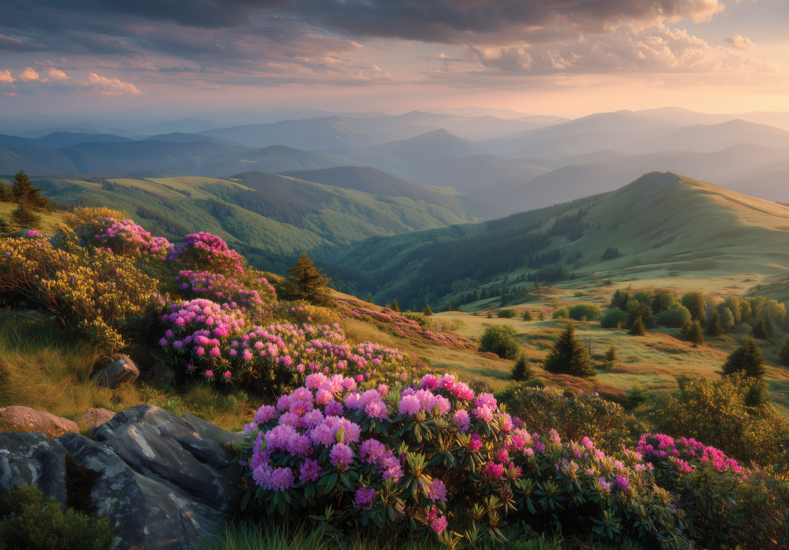Фототапет Планинска пролет – цъфтящи рододендрони и златна светлина